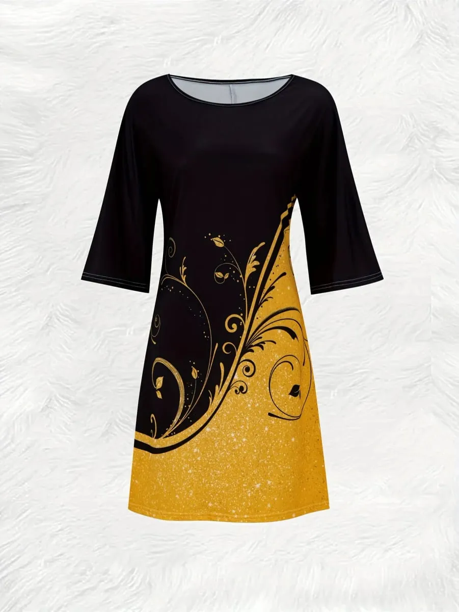 Printed Design black and gold short-sleeved T-shirt dress — image 4