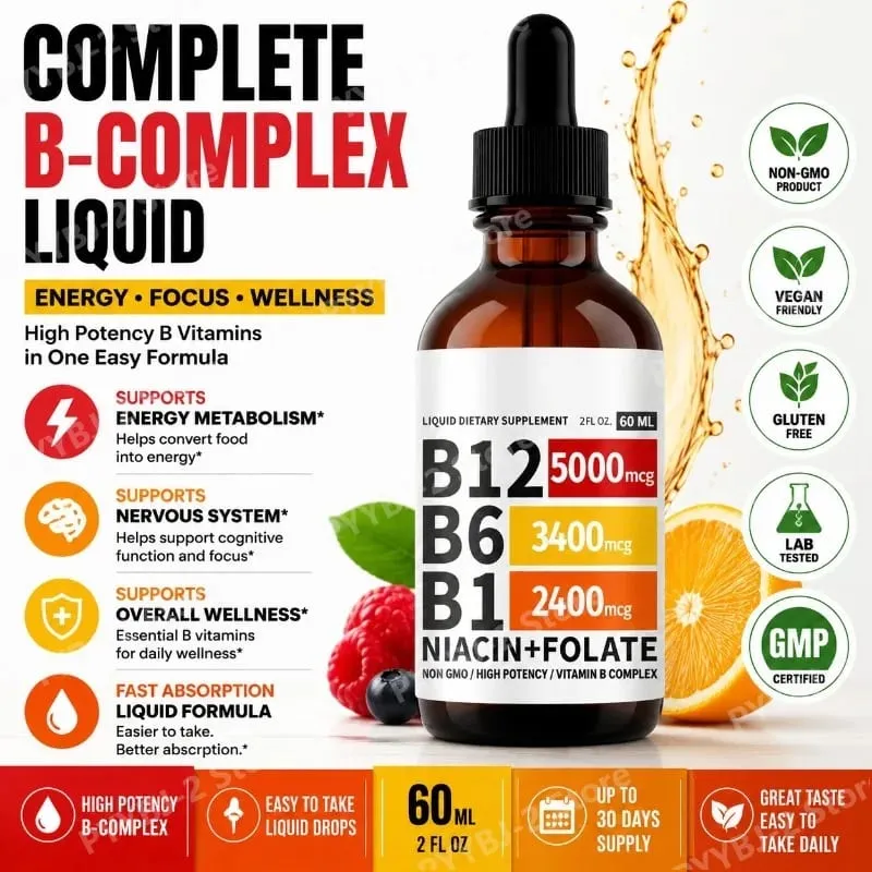 Bitamina B12 Liquid Drops 60ml Raspberry Flavor na may Vitamin B6+B1 Etc Multivitamin Support Energy Recovery at Brain Heart Health — image 1