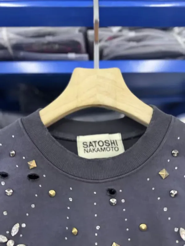 Letters Logo Rhinestone Rivet Satoshi Nakamoto Sweatshirts Men Women Streetwear Vintage Washed Charcoal Gray Green Pullovers Tag — image 13