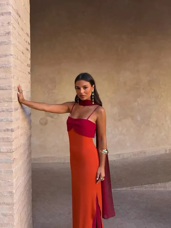 Fashion Contrasting Sling Dress Women Square Neck Sleeveless High Waist Slim Maxi Dress With Scarf 2026 Summer Lady Party Robe — image 8