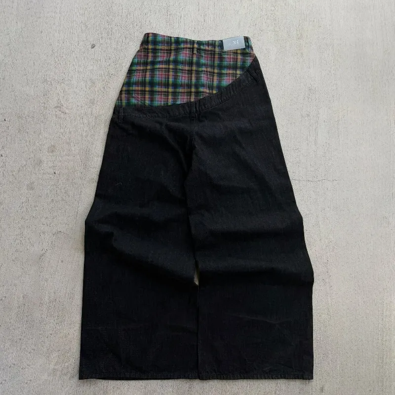 Y2k Harajuku Baggy Jeans Retro Plaid Patchwork Men And Women Wide Leg Pants American Hip Hop Streetwear Casual Jeans — image 5