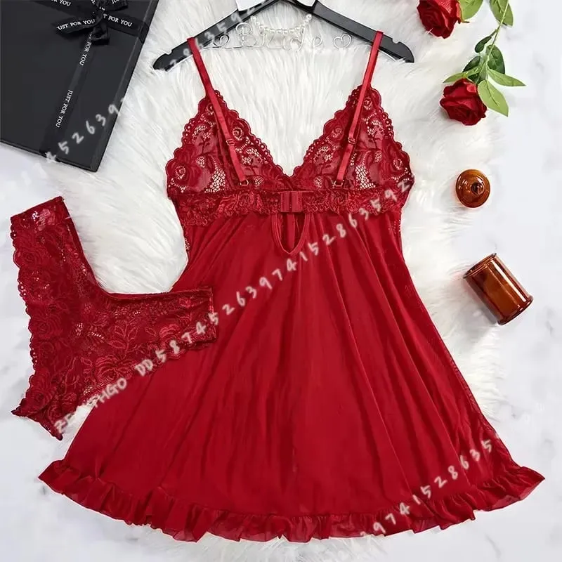 2 Pcs Women Lace Nightgown Set Deep V Neck Bra Panties Transparent Solid Slim Soft Split Nightdress Lingerie — image 3