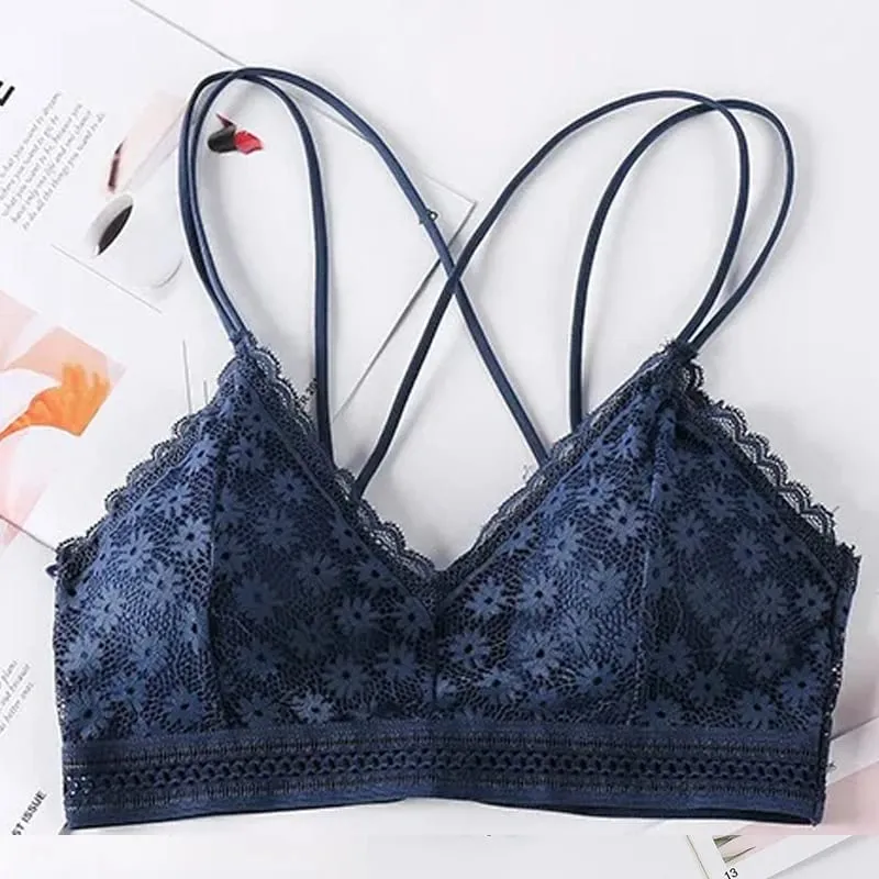 Women's Lace Lingerie Set Cross Shoulder Strap Without Steel Ring Bra Comfortable Support Underwear With Gathering Design — image 12