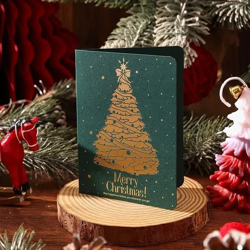 10Pcs Vintage Gold Foil Christmas Folding Greeting Cards Multi Pattern Blessing Holiday Cards New Year Postcard Gift Cards — image 16