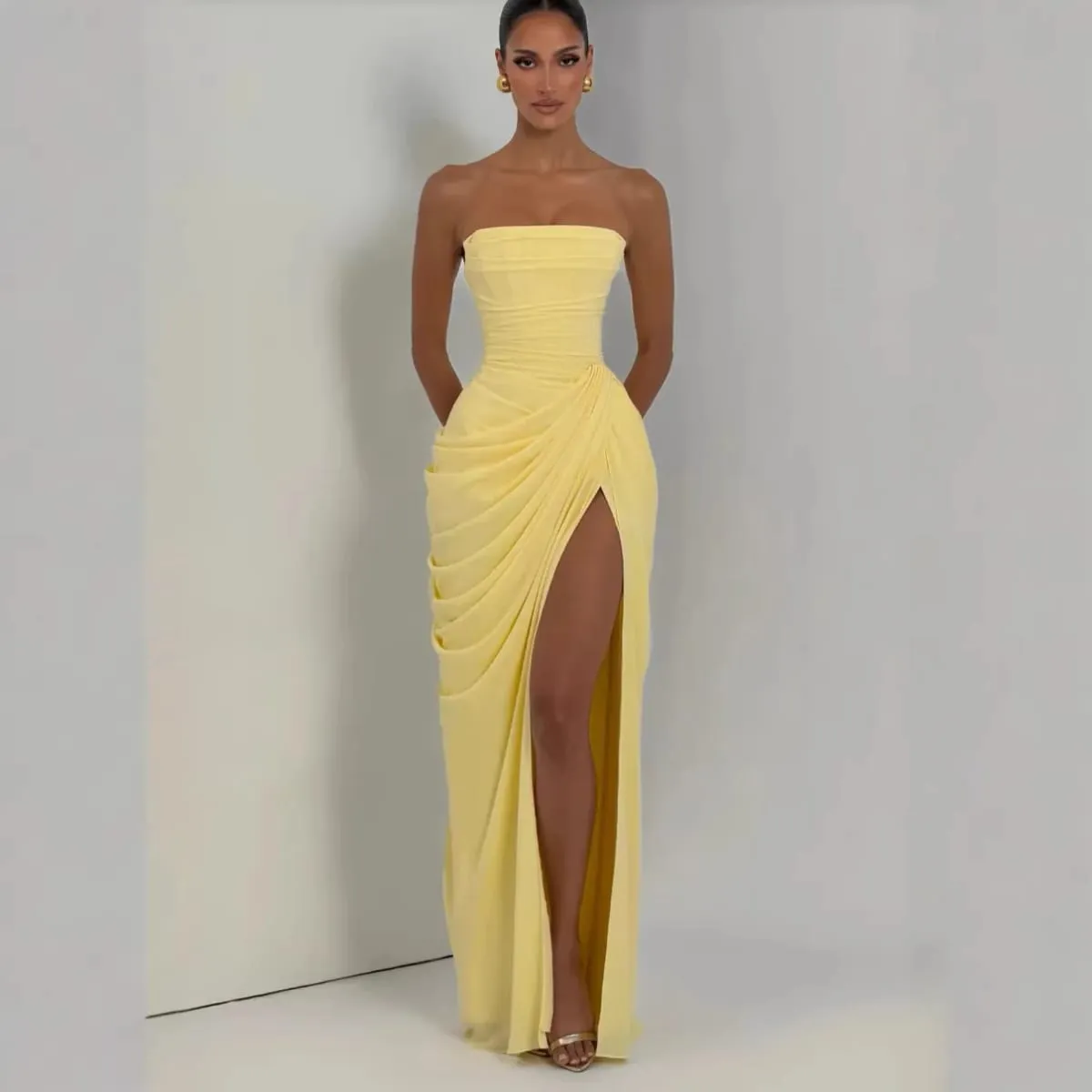 Mingmingxi Spring Summer Yellow Strapless Maxi Dress Ruched High Slit Evening Gown Bodycon Wedding Guest Party Dress Women — image 2
