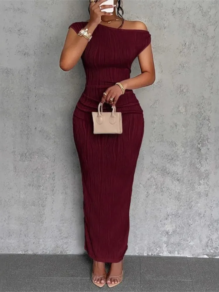 Mode Vatten Ripple Sned Shoulder Dress Dam Elegant och Enkel Enfärgad A-linje krage Mellan midjan Sexig höftomlott kjol — image 2