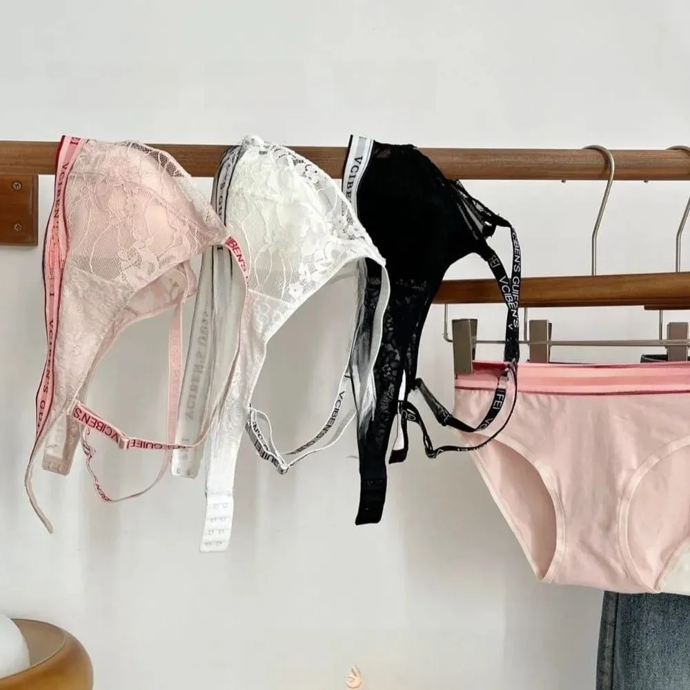 Set Pakaian Dalam Rekaan Surat Selesa Deep V Lace Sut Seluar Dalam Wanita Penyekat Warna Set Seluar Dalam Bra Tanpa Wayar Setiap Hari