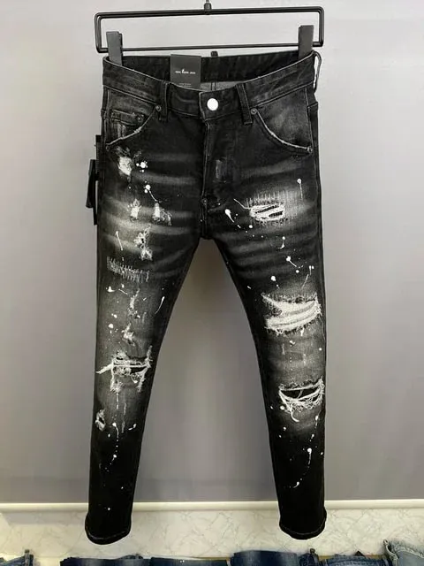 D2 Heren Jeans Denim Broek Gat Slanke Kokerbroek Metalen Knopen Feest Klassiekers Modieus Zwart DSQ2 JENAS