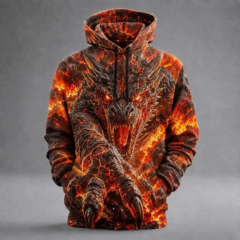 Men's Dragon 3D Printed Hoodie Fashion Animal Graphic, Lightning Print Sweatshirt Long Sleeve Casual Streetwear Men Clothing