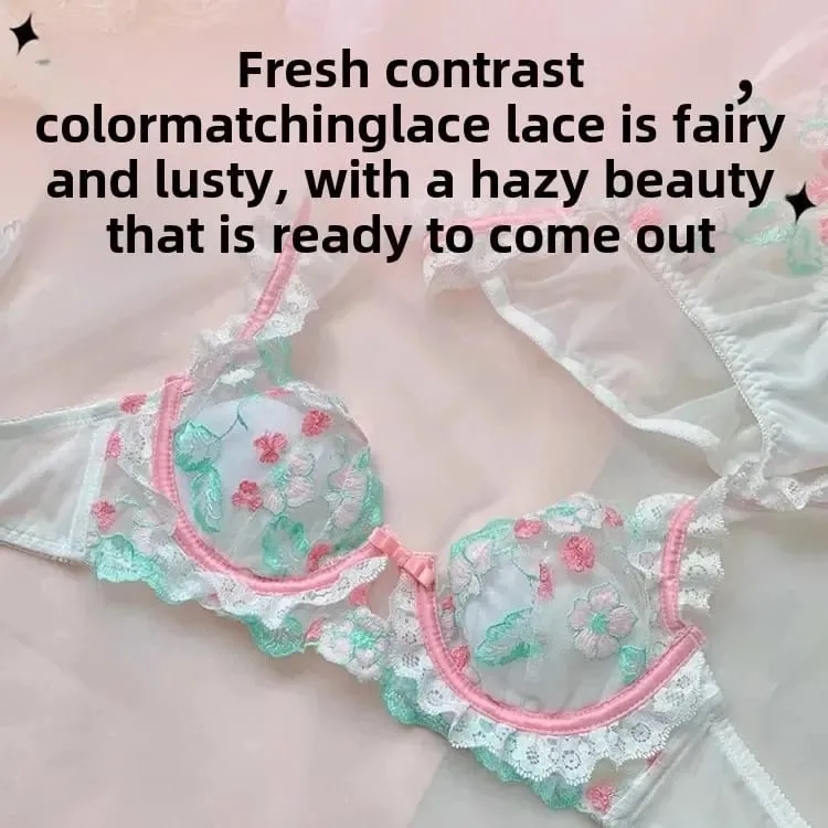 French Style Lace Embroidery Bra Set Women's Underwear Anti-Sagging Thin Design Sweet Pure Desire Wireless Comfortable Bandeau — image 4