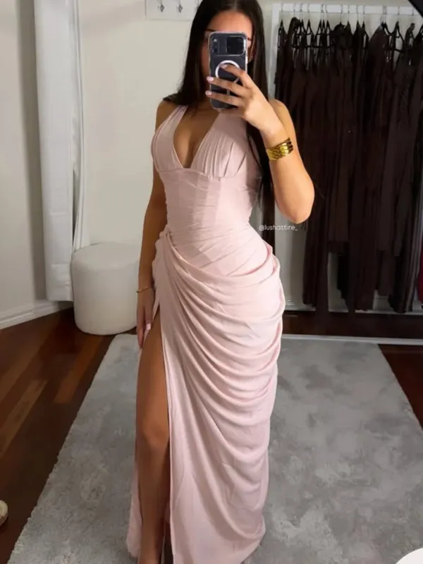 Elegante amarelo sem alças plissado vestido longo feminino chique sólido sem mangas cintura cinching split vestido 2026 senhora festa de noite robes — image 25