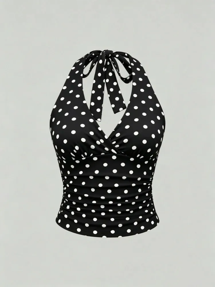 Top corto liso con cuello en V y espalda descubierta para mujer, Top corto con cuello Halter, Sexy Y2K, sin mangas, parte de arriba ropa informal fruncida — image 10
