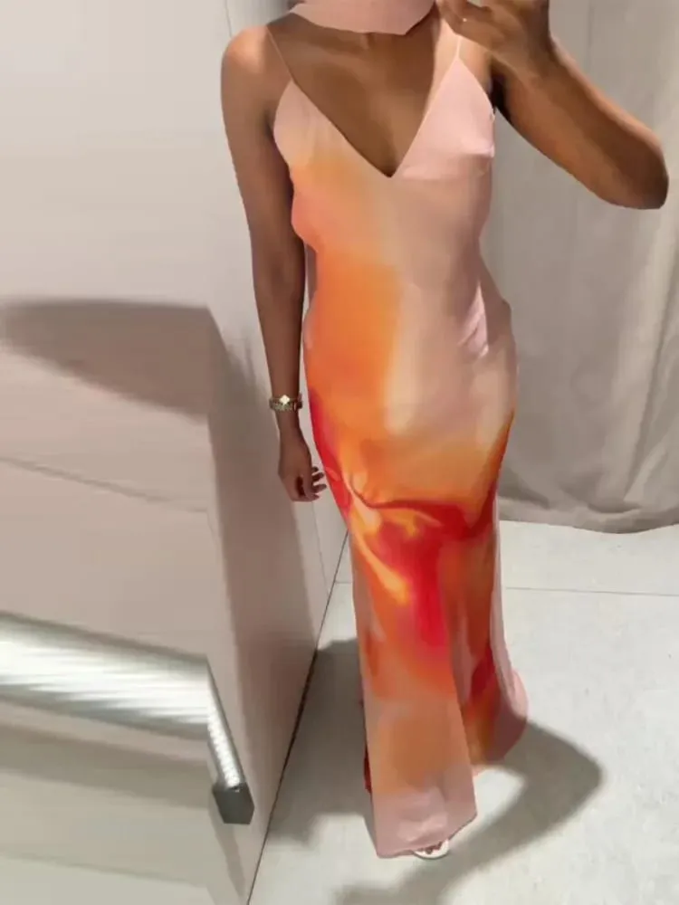 Elegante tie-dye gradiente impressão sling vestido longo com cachecol feminino férias sem mangas sem costas vestido de noite verão férias roupões — image 7