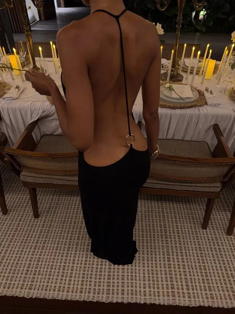 Tossy Kvinnor Grimma Rygglös Bodycon Maxiklänning Öppen rygg Spaghetti Rem Guld Ring Afton Festklänning Sommar Strand Lång Klänning — image 3