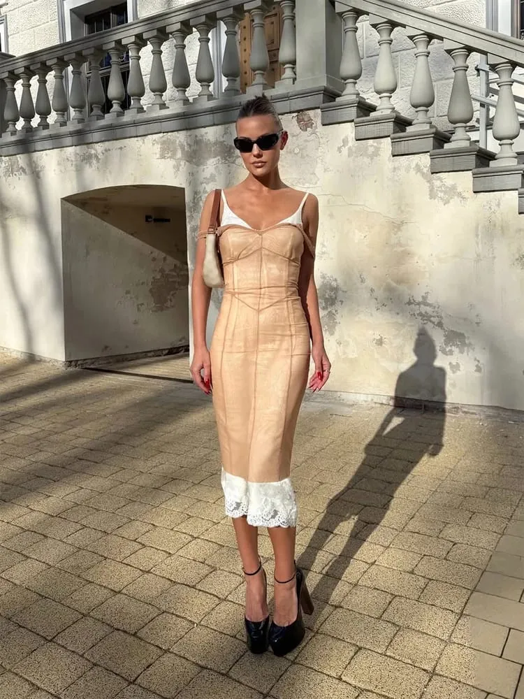 Mulheres rendas retalhos sling vestido malha midi cover-up ver através sem mangas vestidos de alça espaguete 2026 verão sexy chique wear — image 2