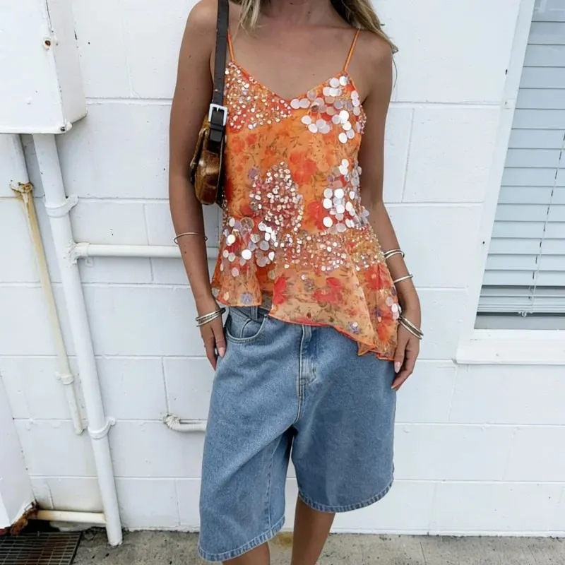 Y2k Floral Sequin Patchwork Crop Tops for Women Sparkly Strappy Tank Tops Sexy V Neck Top Concert Outfits Party Beachwear — image 5