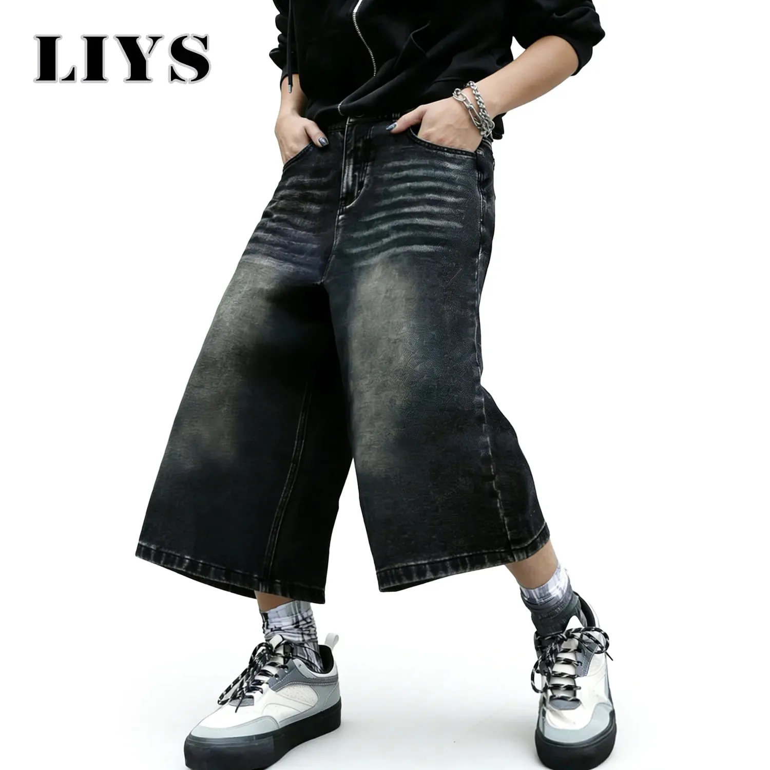 American Retro Classic Black Ultra Baggy Wide Leg Men's Denim Shorts Spring Summer Casual Oversized Jeans Men's Clothes — image 3