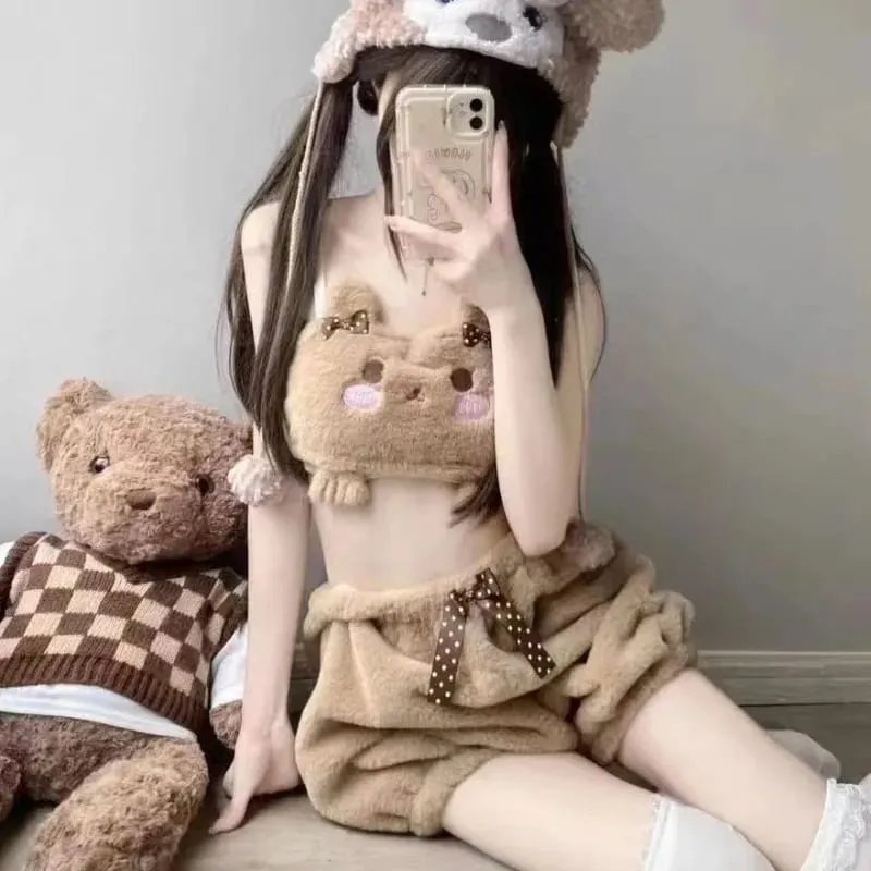 N1 Plush Bear Winter Warm Bra Set Japanese Girl Soft Sweet and Cute Cartoon Pumpkin Pants Students Plush Sexy Bras Wireless Thin — image 6