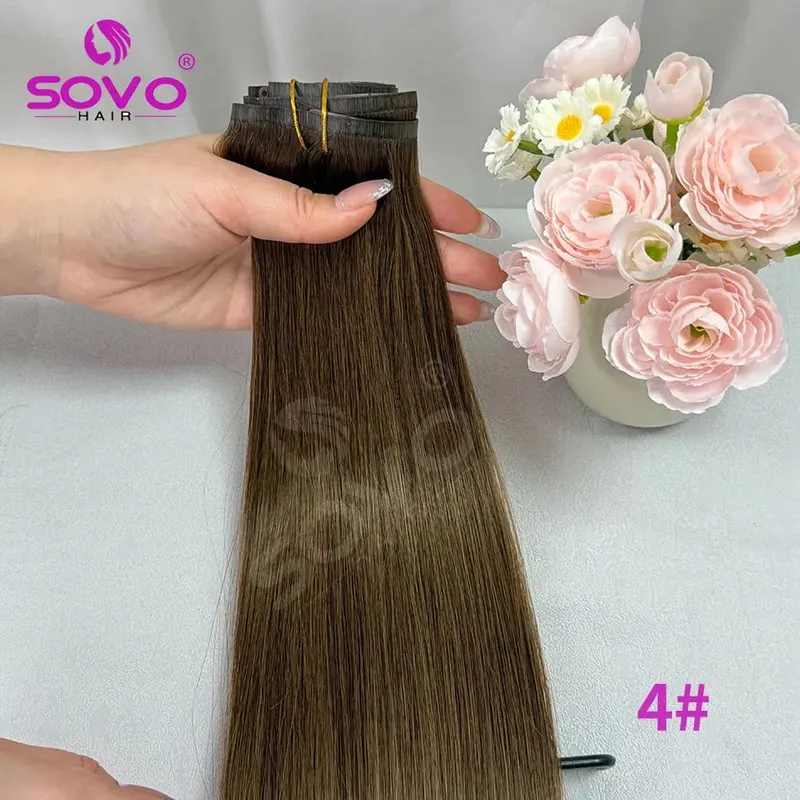 110G Tape PU Clip In Hair Premium Remy Clip In Human Hair Extensions 7pcs Clip-on Hair 14"-24" Balayage Ombre Mocha Brown Black — image 13