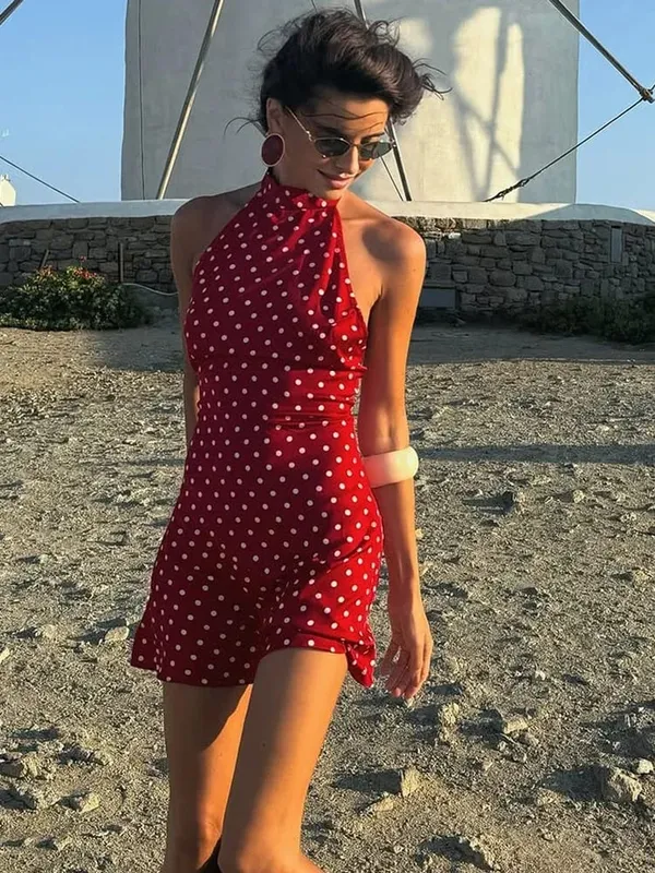 Chic sem costas polka dot halter vestido feminino sem mangas fora do ombro rendas até mini vestidos 2026 verão senhora festa de férias robe — image 8
