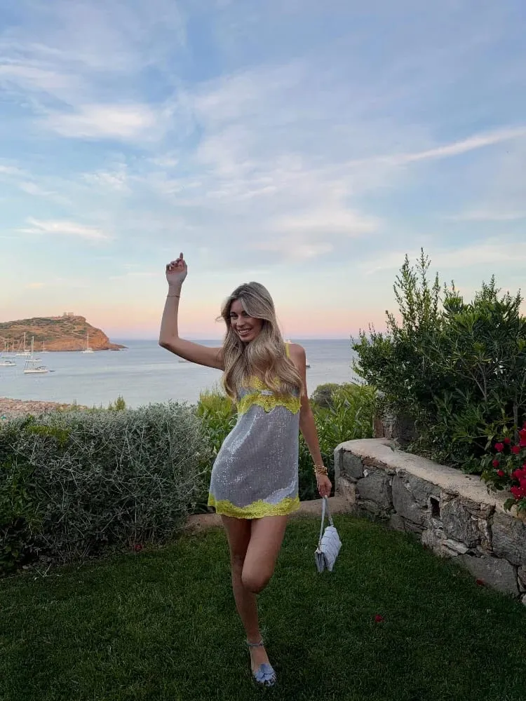 Prata amarelo retalhos renda deslizamento mini vestido casual com decote em v pura renda guarnição roupões feminino verão praia férias vestidos 2026 novo — image 7