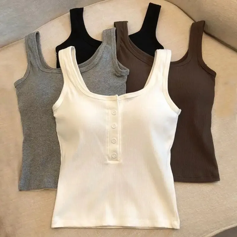 1Pcs Women's Ribbed Henley Tank Top Square Neck Button Front Built-in Bra Sleeveless Camisole — image 9