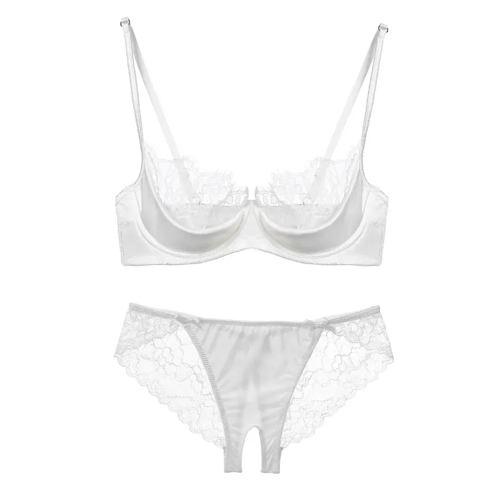 Conjunto de lencería de media copa de encaje francés para mujer, sujetador con aros, suave, transparente, ultrafino, verde, para busto pequeño 32-38AB — image 7