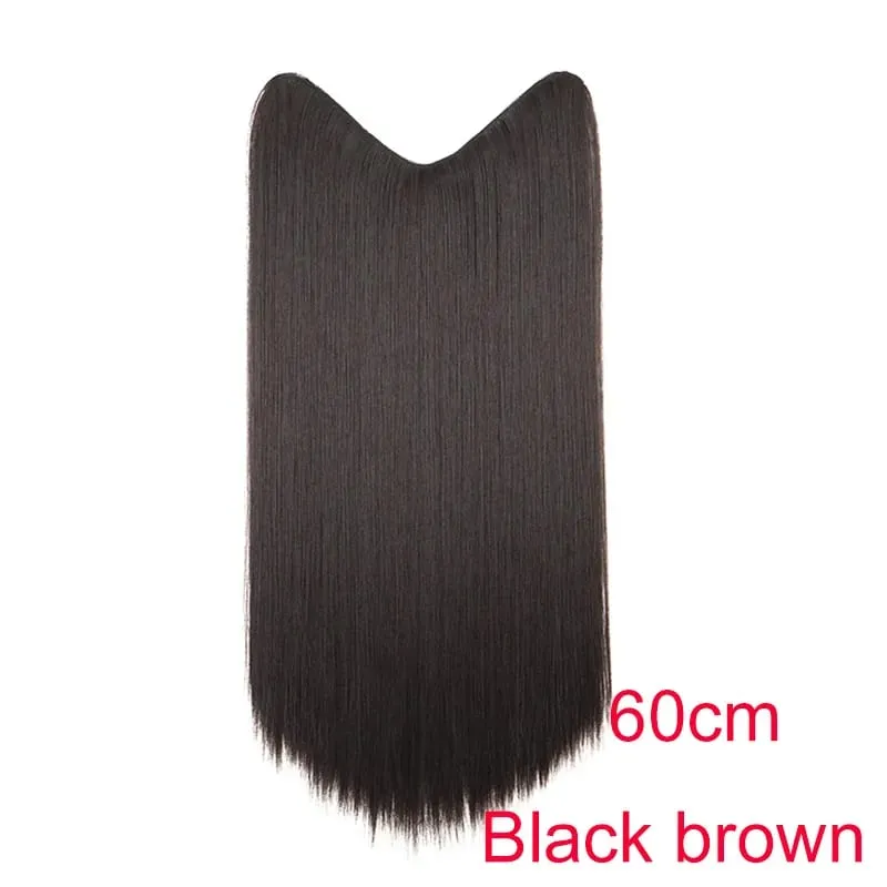 Synthetic 24Inch Long Straight One Piece Hair Extension 4 Clips V-shaped Hairstyle Black Brown Hairpiece for Women Daily Use — image 10