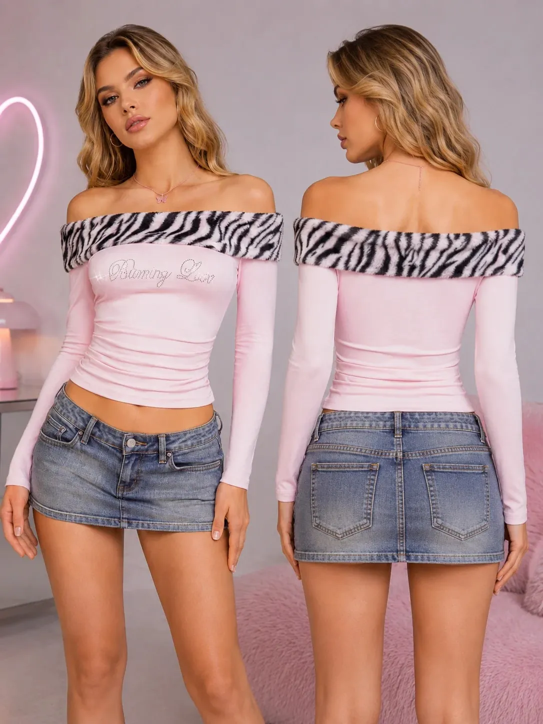 Women Y2K Tiger Print Faux Fur Trim Off Shoulder Top Rhinestone Burning Love Lettering Ruched Waist Fitted Bodycon Cropped Long Sleeve Bardot Tube Top Baddie Going Out Party Club,christmas valentine halloween cosplay costume plus size petit — image 3