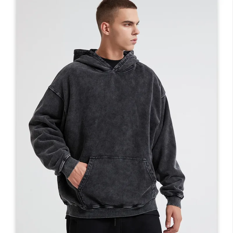 100% pamut Férfi ruházat Vintage Black Acid Mosó kapucnis Férfi Női Túlméretes Hip Hop Pulóverek Alkalmi pulóverek Y2K ruhák — image 4
