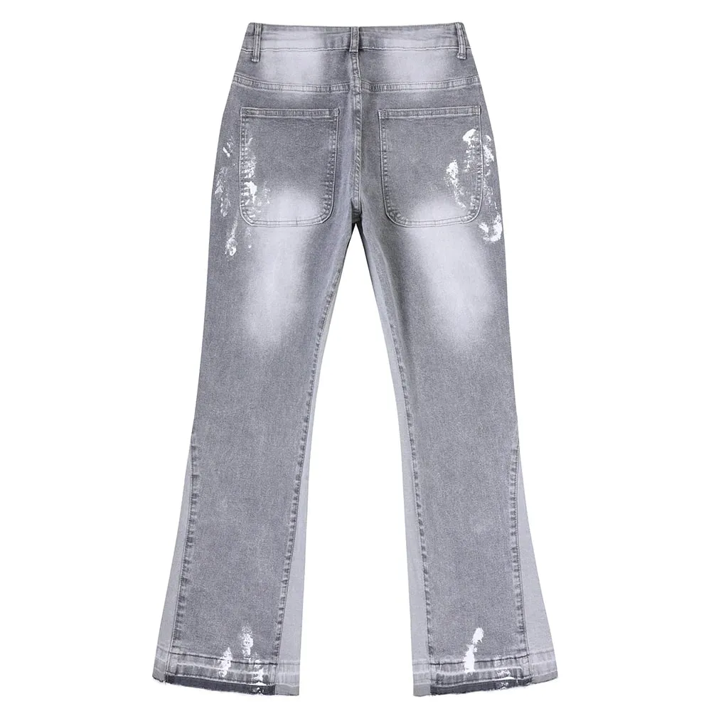 Men Painted Flared Denim Jeans Spliced Slim Boot Cut Pants Vintage Grey Cotton Released Hem Trousers — image 2