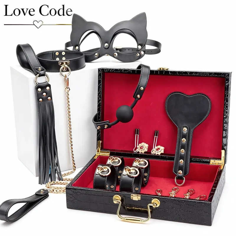 Genuine Leather BDSM Bondage Kits Sex Toys for Couples Handcuff Ankle Cuffs Collar Gag Hogtie Restraints SM Set Adult Love Games — image 7