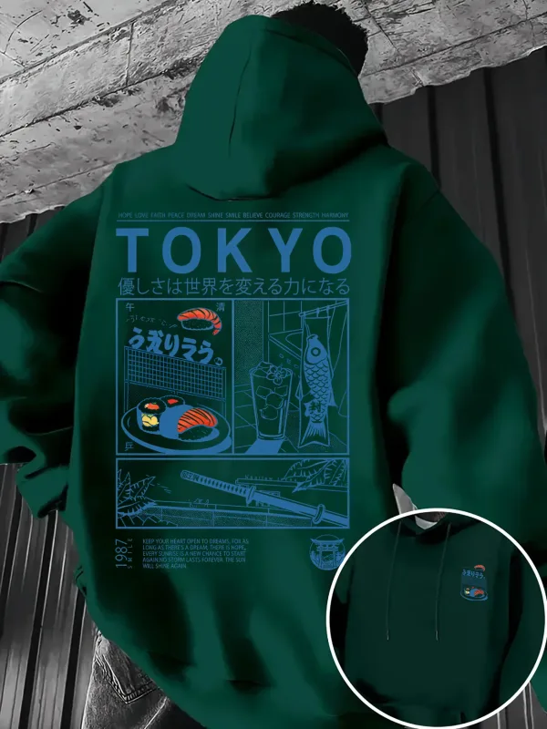 Loose-fit Men's Hooded Sweatshirt Tokyo-style Japanese Cuisine Woodblock Print Multi-panel Japanese-style Printed Pullover Top — image 5