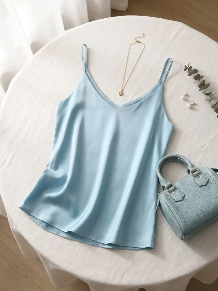 2026 Summer Spaghetti Strap Women Tank Top Halter V Neck Basic White Cami Sleeveless Satin Silk Tops Women'S Camisole — image 5