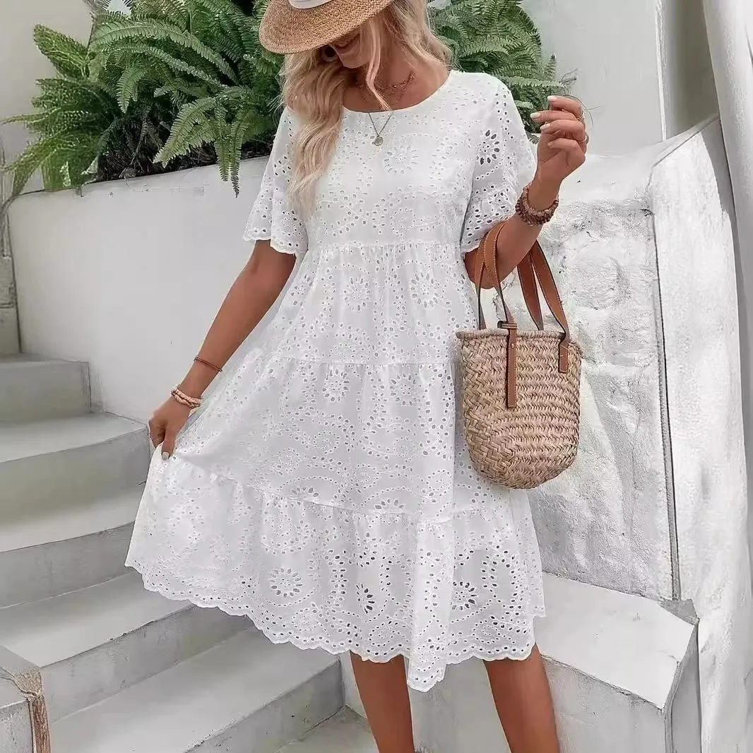 Pambabaeng White Eyelet Embroidery Midi Dress Hollow-out Boho Flowy Ruffle Tiered Dress Casual Short Sleeve Summer Beach Dresses — image 2
