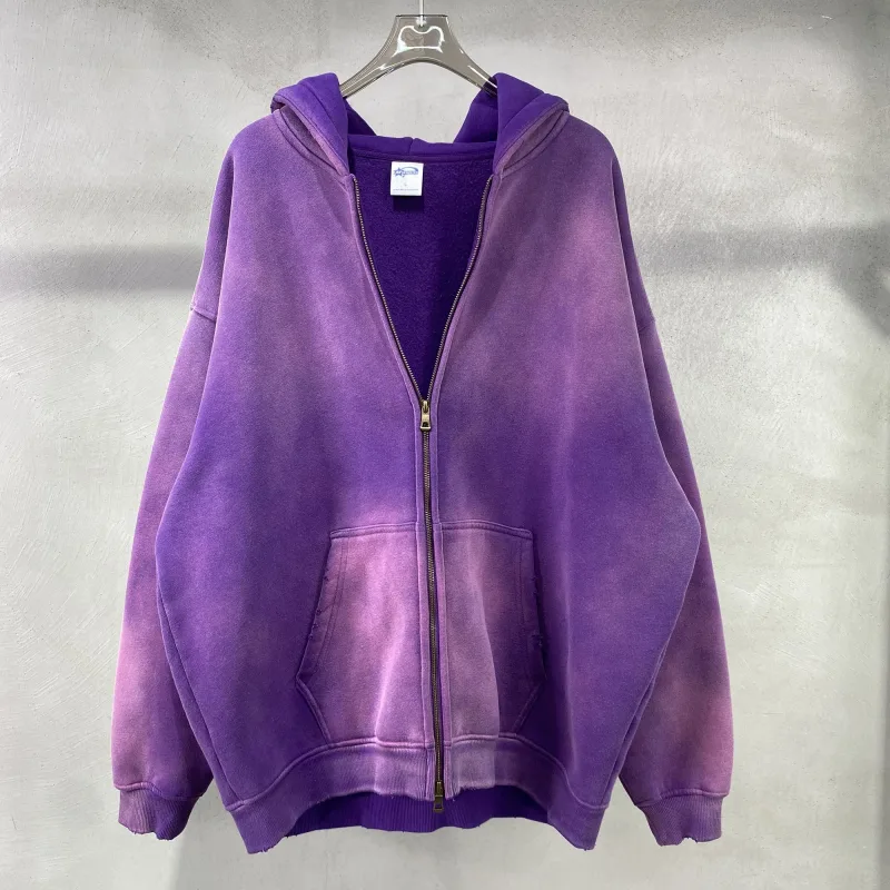 Moletom com capuz masculino com zíper, tie-dye lavado, cardigan duplo grande, solto, plus, gradiente de pelúcia, pulôveres com capuz para inverno — image 7