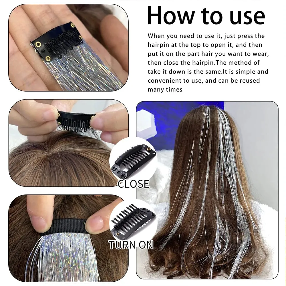 Hair Tinsel Pack of 6 Pcs Hair Tinsel Clip in Glitter Tinsel Hair Extensions Synthetic Hair Tinsel Kit Party Festival Fairy Hair — image 6