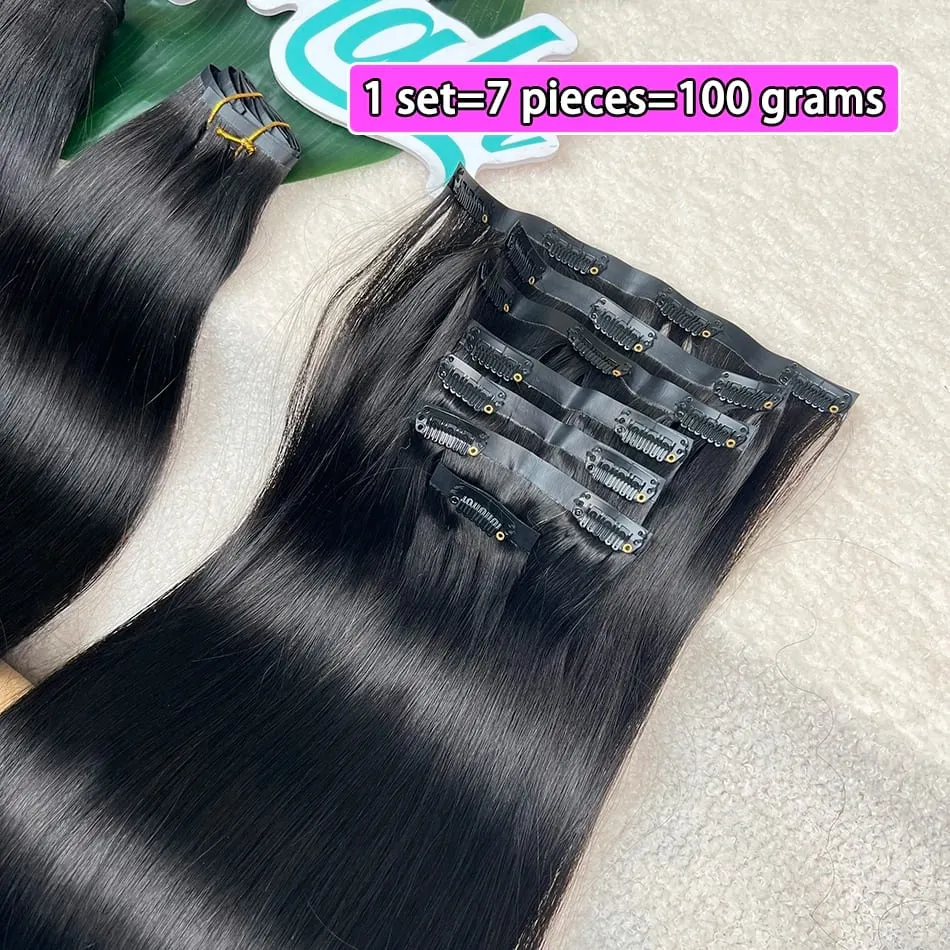 Double Drawn Straight Clip Ins Human Hair Extensions #1B Natural Black Color 100grams 7Pcs/Set Seamless PU Weft Clips in Hair — image 2