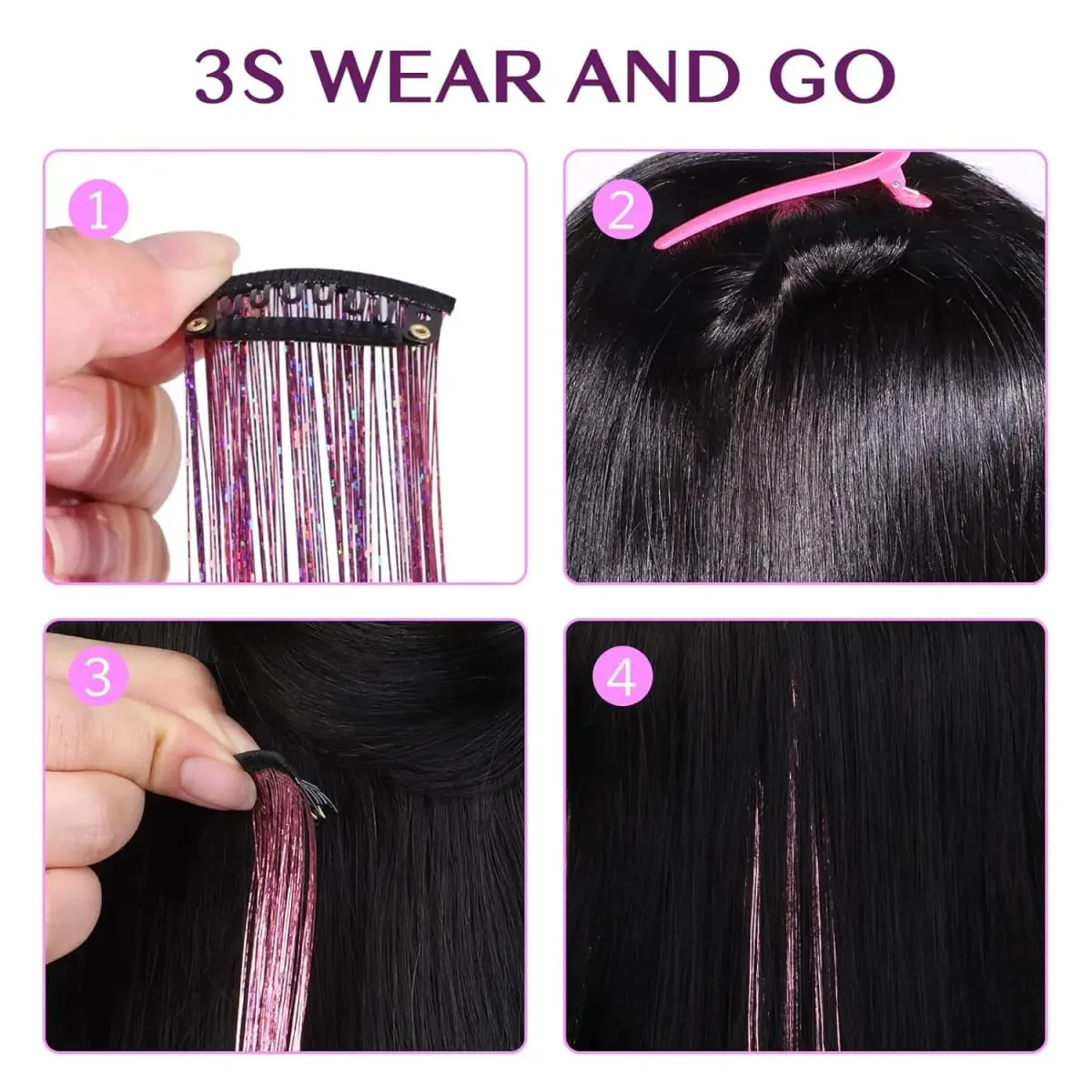 Hair Tinsel Clip in Dreamy Colorful Fairy Hair Tinsel Kit 24 Inch Glitter Clip in Hair Extensions for Girls Women Synthetic — image 4
