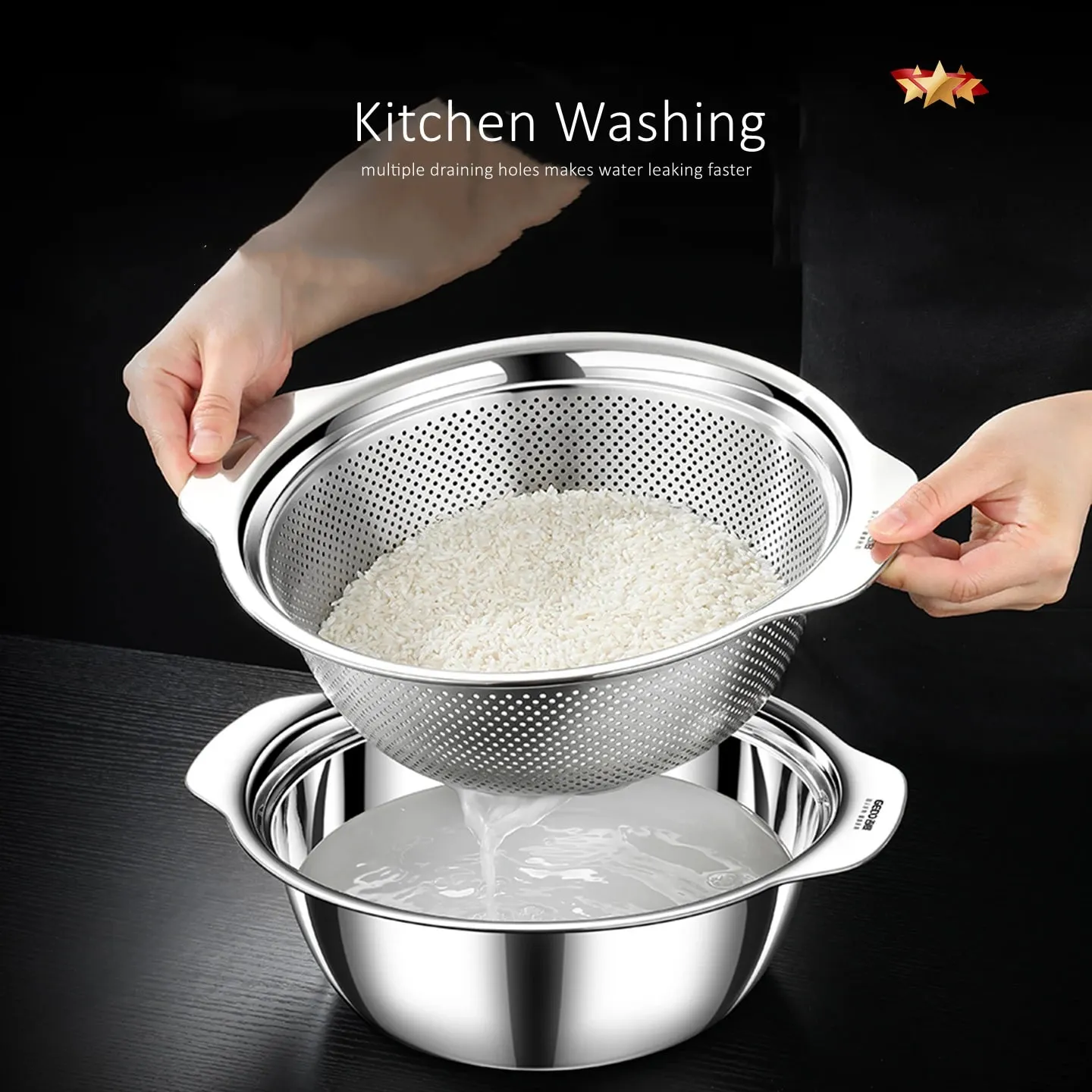 LFGB Certification Kitchen Fruit Vegetable and Rice Washing Basin 23~31cm Diameter Dense Drainage Hole Colander with Side Handle — image 6