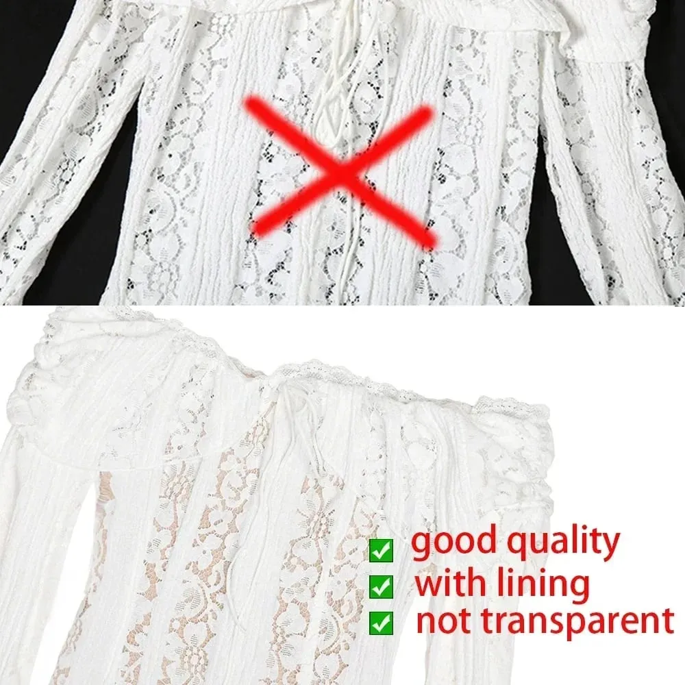 Oligai Elegant Off The Shoulder Bodycon Dress 2024 Nytt i vitt Flare Sleeve Lace Maxiklänning Bröllopsgästklänning för kvinnor — image 7