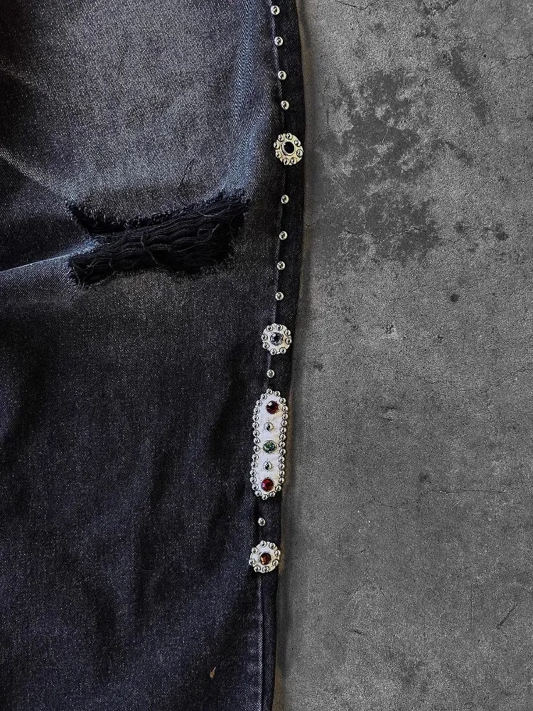 Mens Jeans Punk Vintage Streetwear Black Wide Leg Denim Pants Rhinestone Pearl Decor Ripped Distressed Loose Fit Y2K Fashion — image 5