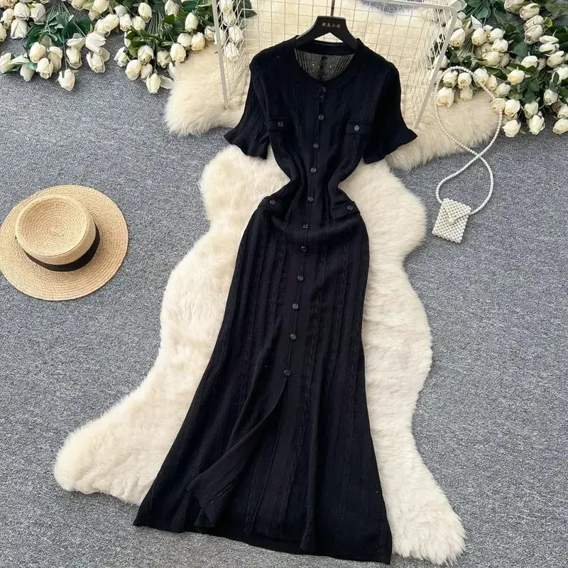 Summer Elegant Lady Knitted Single Breasted Long Dresses Women Solid Short Sleeve O Neck Button Bodycon Party Female Vestidos — image 12