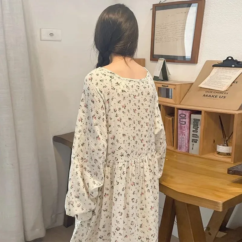 Musselina 100% algodão gaze para mulheres vestido de manga longa botão acima impressão moda casual chique oversized solto feminino vestidos mujer — image 4