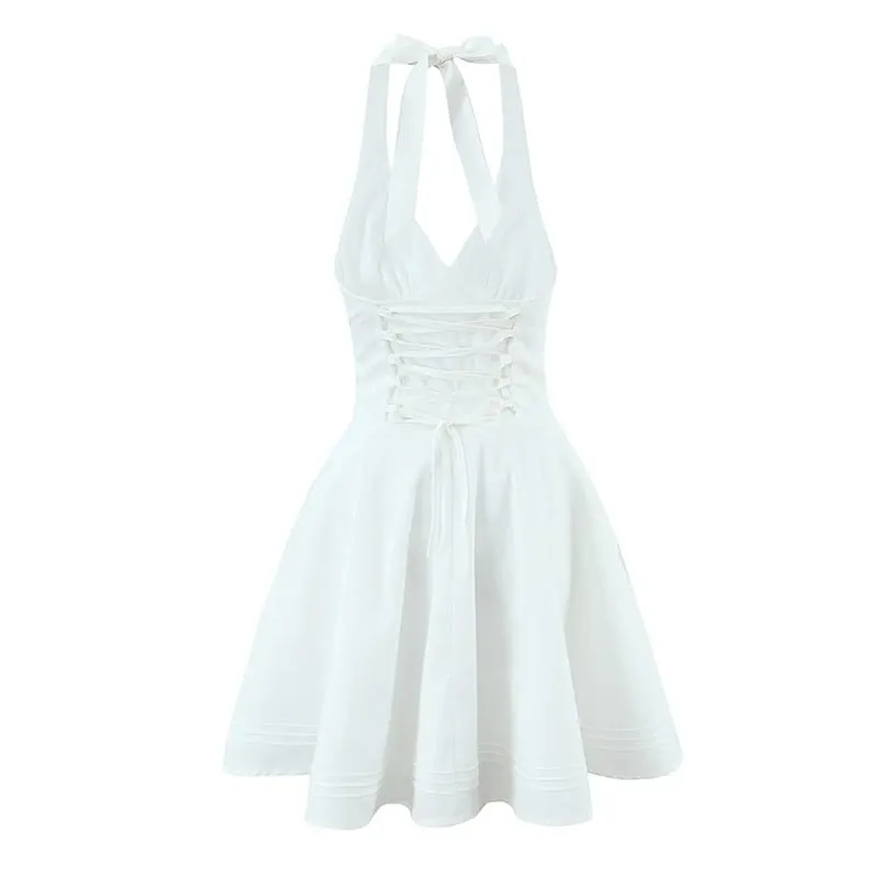Sexy profundo v halter branco mini vestido feminino moda sem costas a linha elegante vestidos de festa verão robe rendas até vestidos — image 4