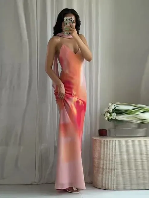 Elegante tie-dye gradiente impressão sling vestido longo com cachecol feminino férias sem mangas sem costas vestido de noite verão férias roupões — image 5