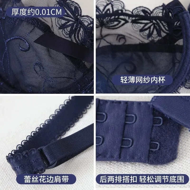 Lace Push Up Bra Set Breathable PantiesThin Mesh Cup Transparent Behalf Lingerie Bow Embroidery Flora Soutien Gorge