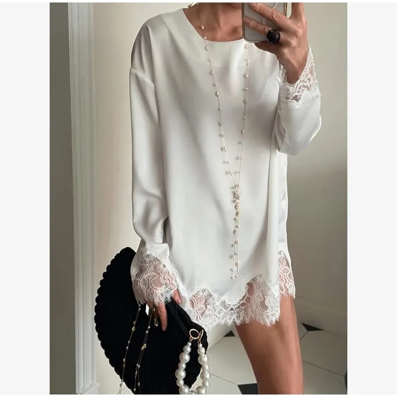Pambabae Light Blue Lace Satin Round Neck Dress Elegant Side Tie Long Sleeve Soft Short Gown 2026 Daily Vacation Party Sundress — image 7