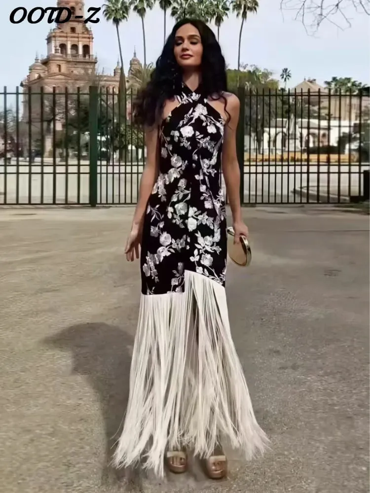Vintage impressão borla assimétrico vestido longo feminino halter sem mangas sem costas vestidos de festa feminino primavera verão senhora chique robe — image 2