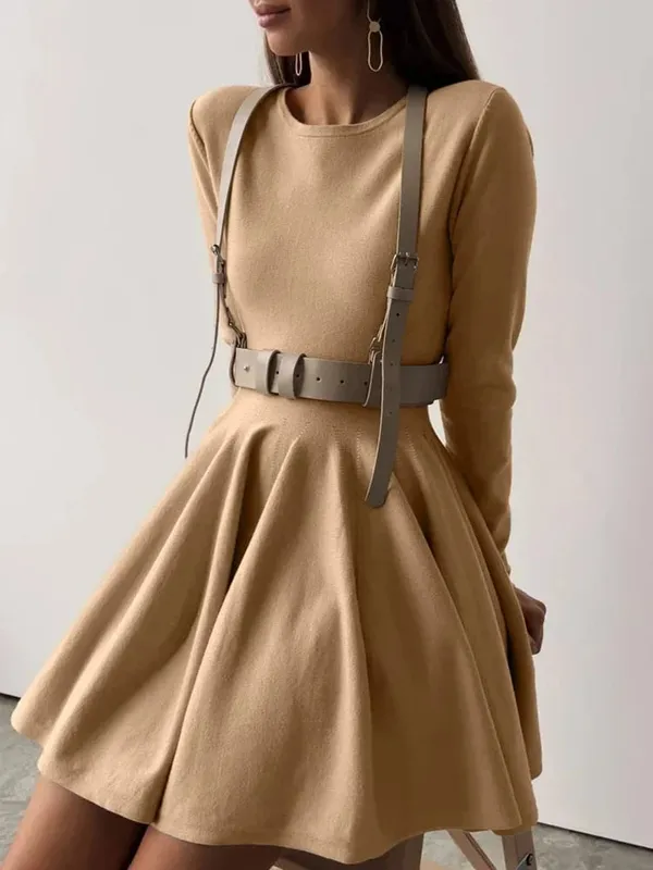 Duomofu Knit Mini Kjoler Kvinder Efterår Vinter Langærmet Sweater Kjole Kvinde Elegant Mode Slim A Line Plisseret Kjole Vestido